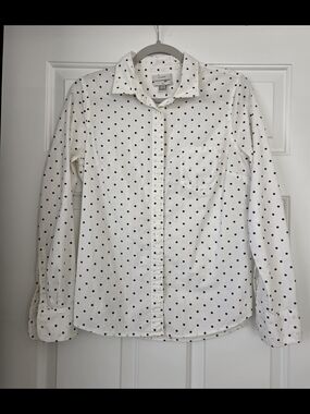 J. Crew White Button-Front Shirt with Navy Polka Dots